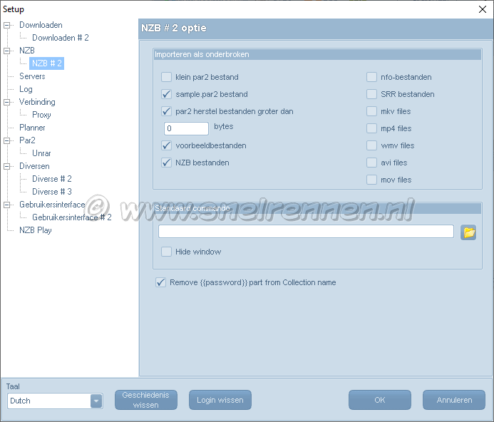 Alt.Binz configuratie, tabblad download options