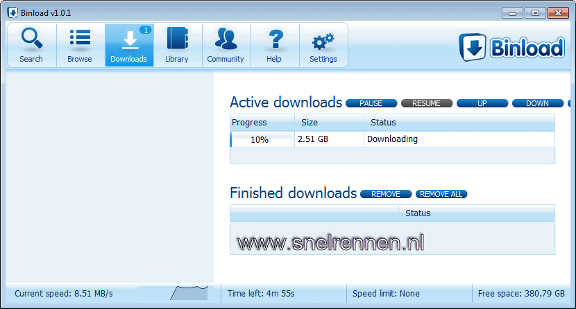 Binload, downloaden gestart