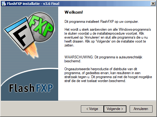 FlashFXP installatie programma, welkomst scherm