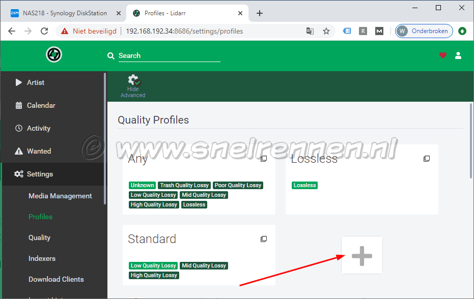 Lidarr settings menu, Profiles